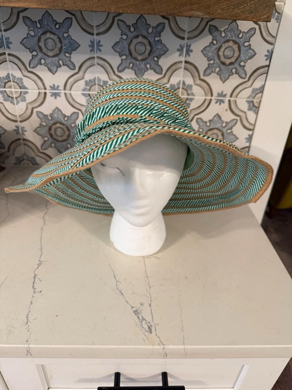 Cynthia Rowley Green Striped Wide Brim Floppy Sun Hat Resort Beach